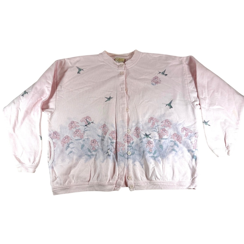 Artisans Inc Vintage Hummingbird Floral Fleece Cardigan Pink Sweatshirt Large